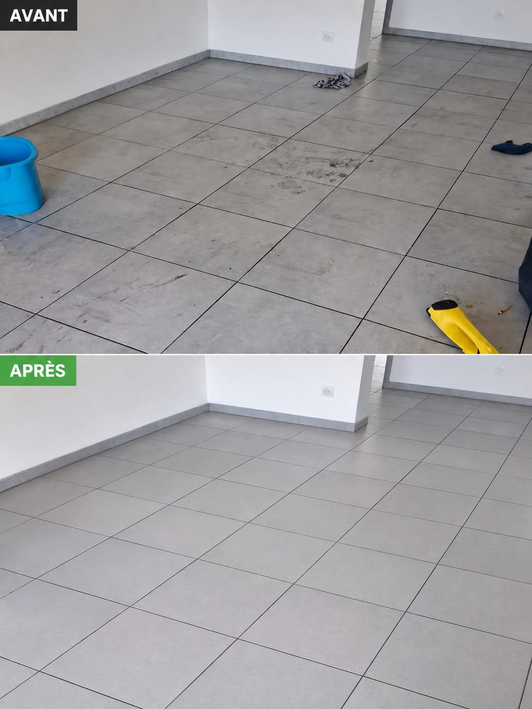 Avant/après : nettoyage complet d'un sol carrelé intérieur