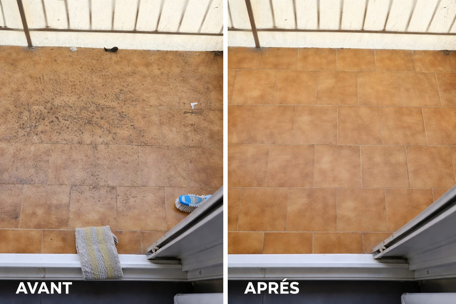 Avant/après : nettoyage en profondeur du carrelage d'un balcon