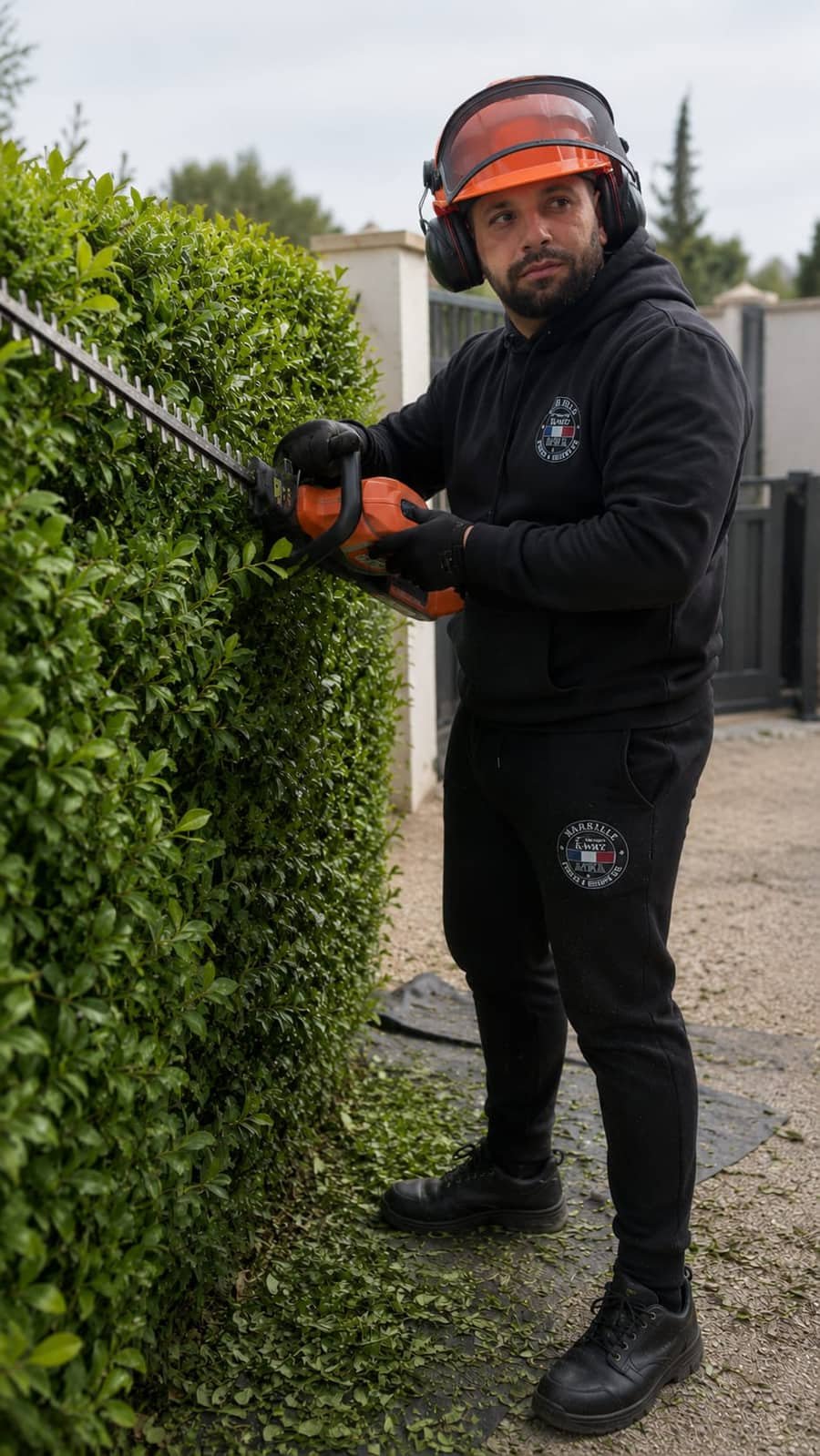 Diego, jardinier partenaire de Crystal Clean Services, taillant une haie à Martigues avec un équipement de protection complet