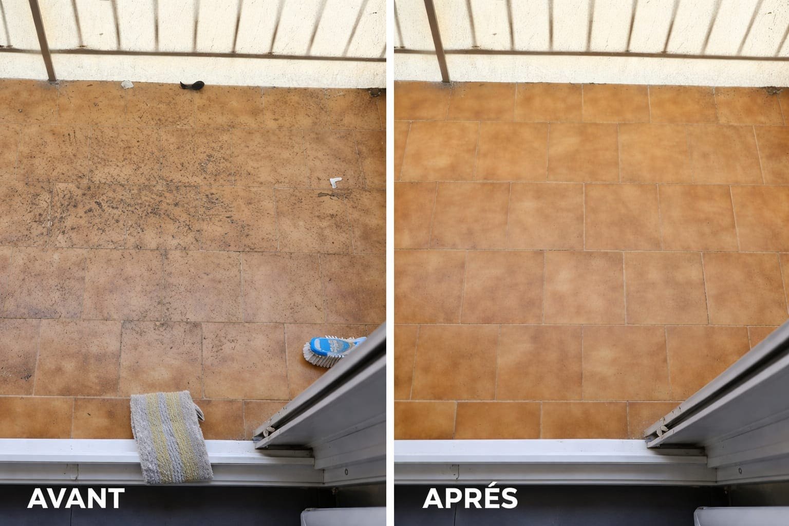 Avant/après : nettoyage en profondeur du carrelage d'un balcon à Martigues